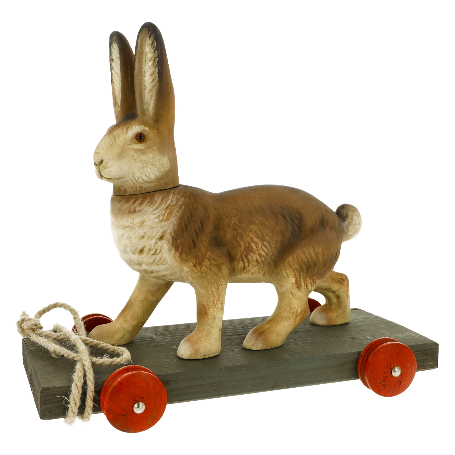 Holz-Ziehtier Osterhase, braun, rote Räder, handbemalt