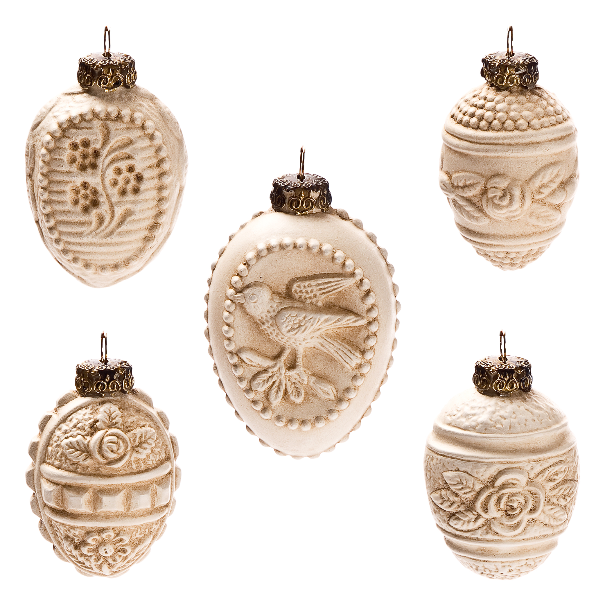 Set "Ornamented Easter eggs", 5 part antique white