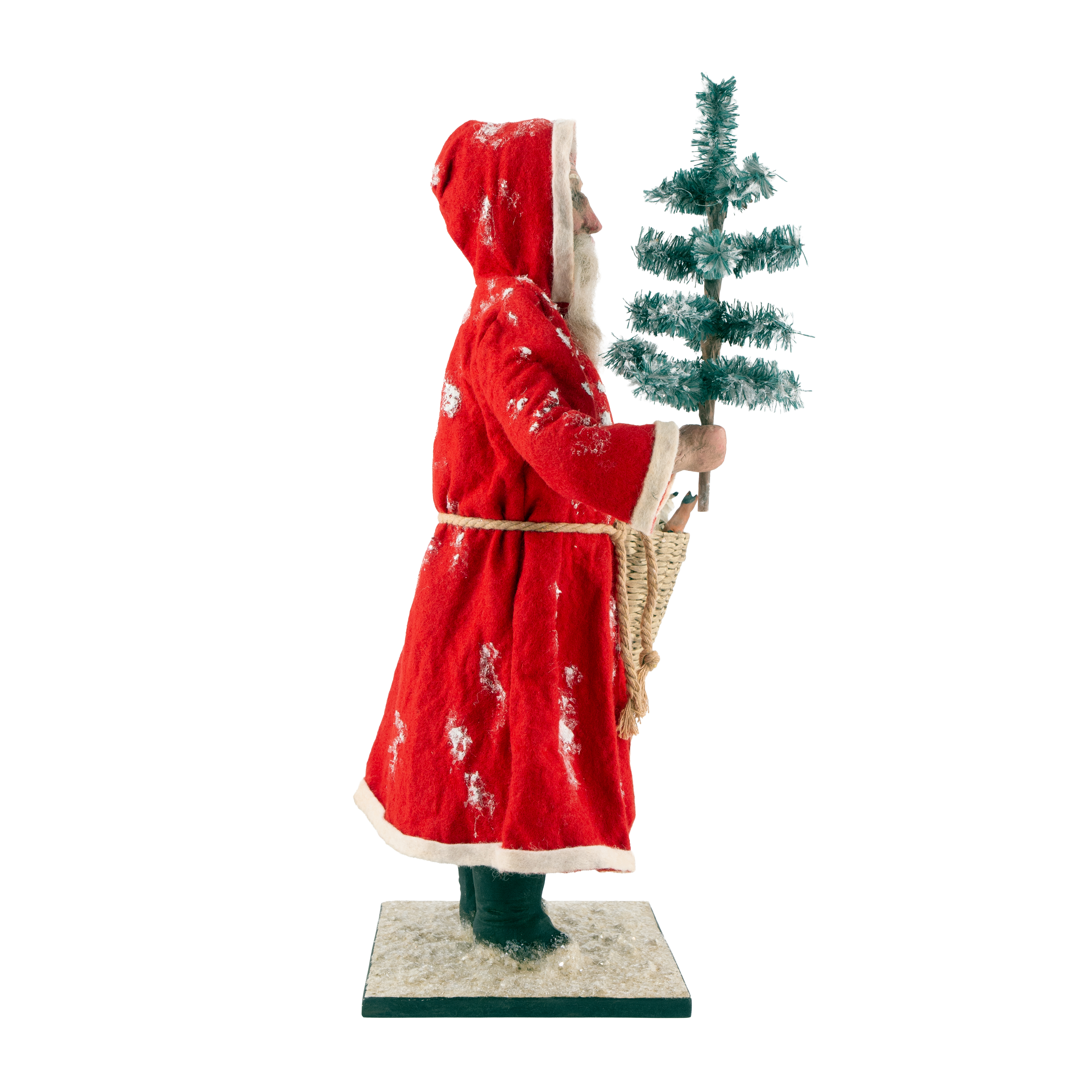 Dekofigur Weihnachtsmann mit kleinem Baum auf Sockel