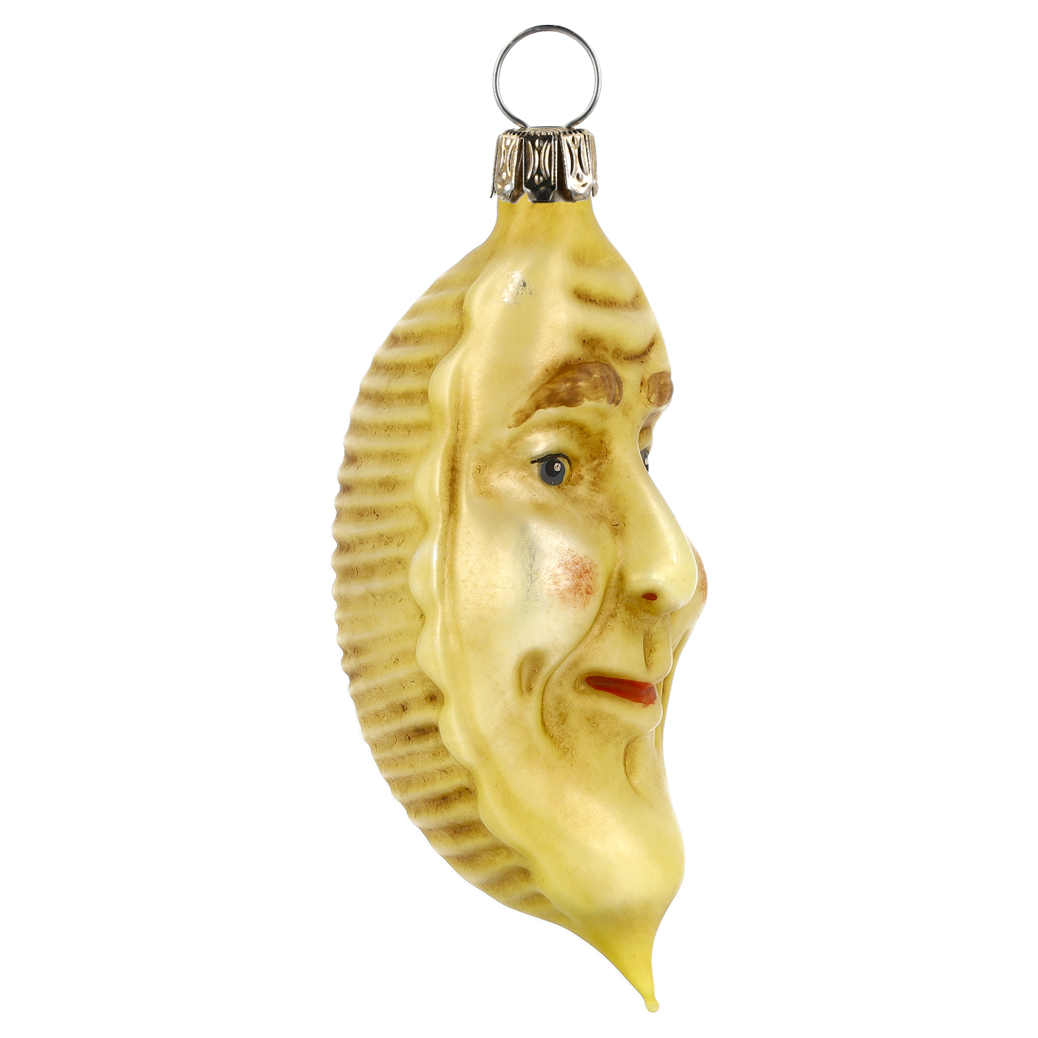 Handbemalte gelbe Glas-Mondsichel mit spitzem Kinn, patiniert – traditioneller Christbaumschmuck aus Steinach/Lauscha von Marolin; nostalgisches Mond-Ornament für die Weihnachtsdeko.