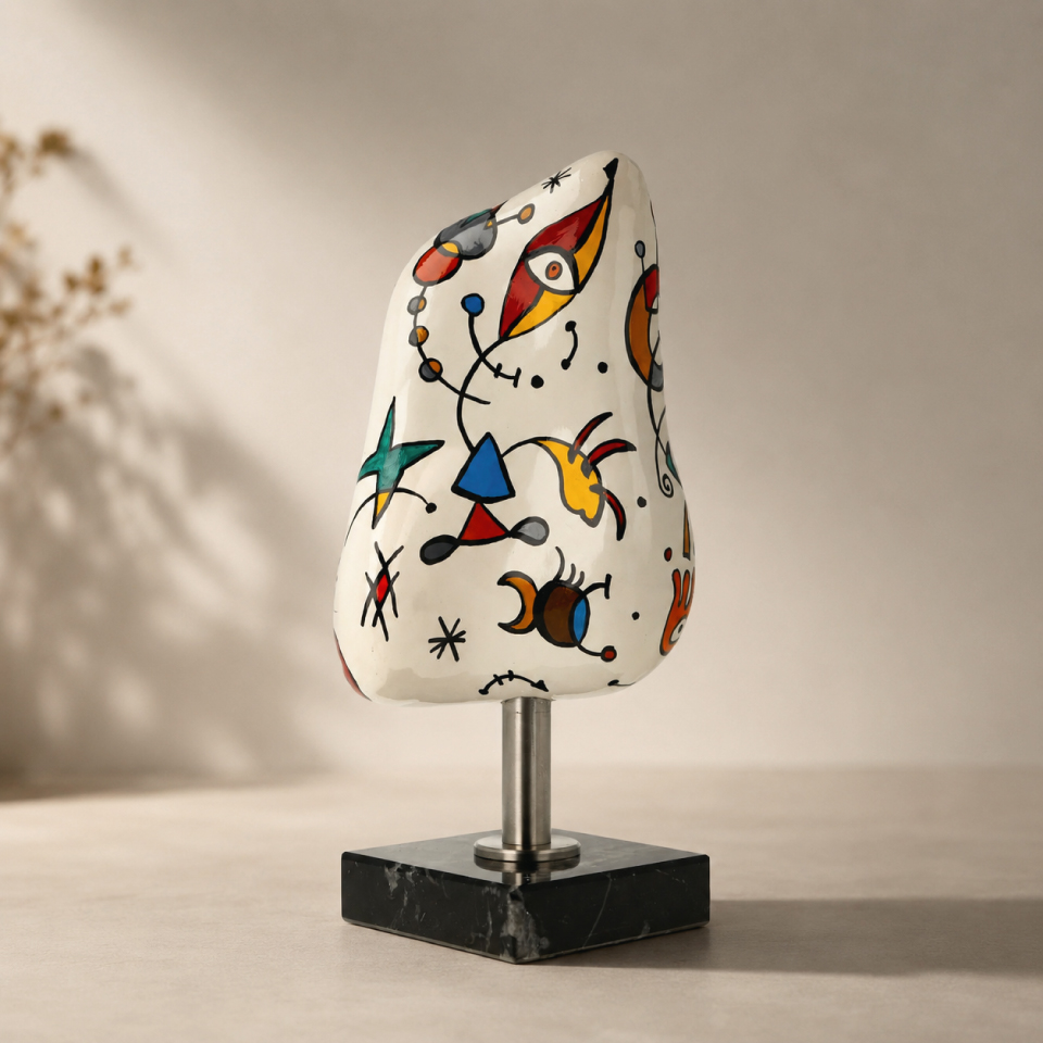 Moderne abstrakte Kunst-Skulptur, weiß handbemalt mit bunten Symbolen, auf Metallstiel und schwarzem Marmor-Sockel, ideales Wohn-Accessoire