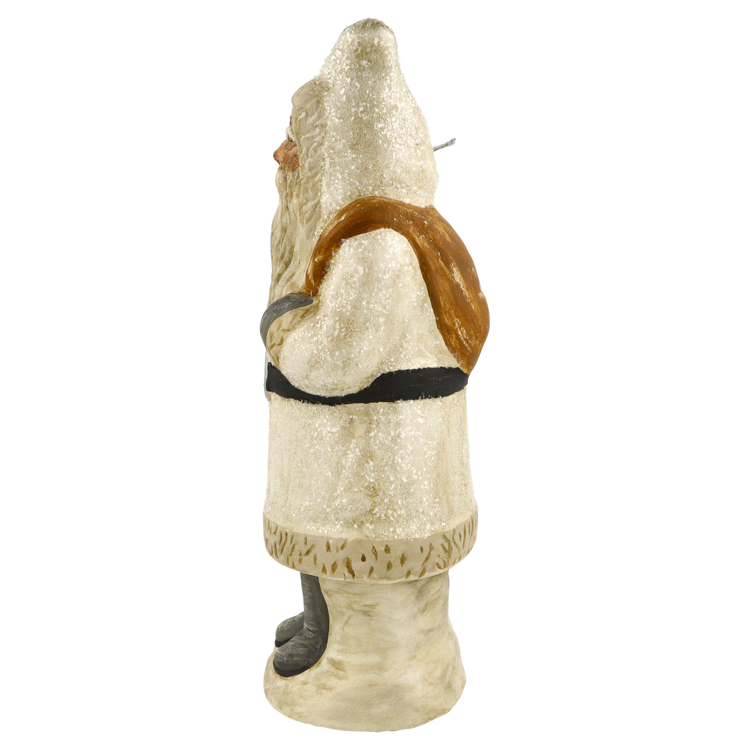 Deko-Santa in weißem Mantel mit Sack, seitlich