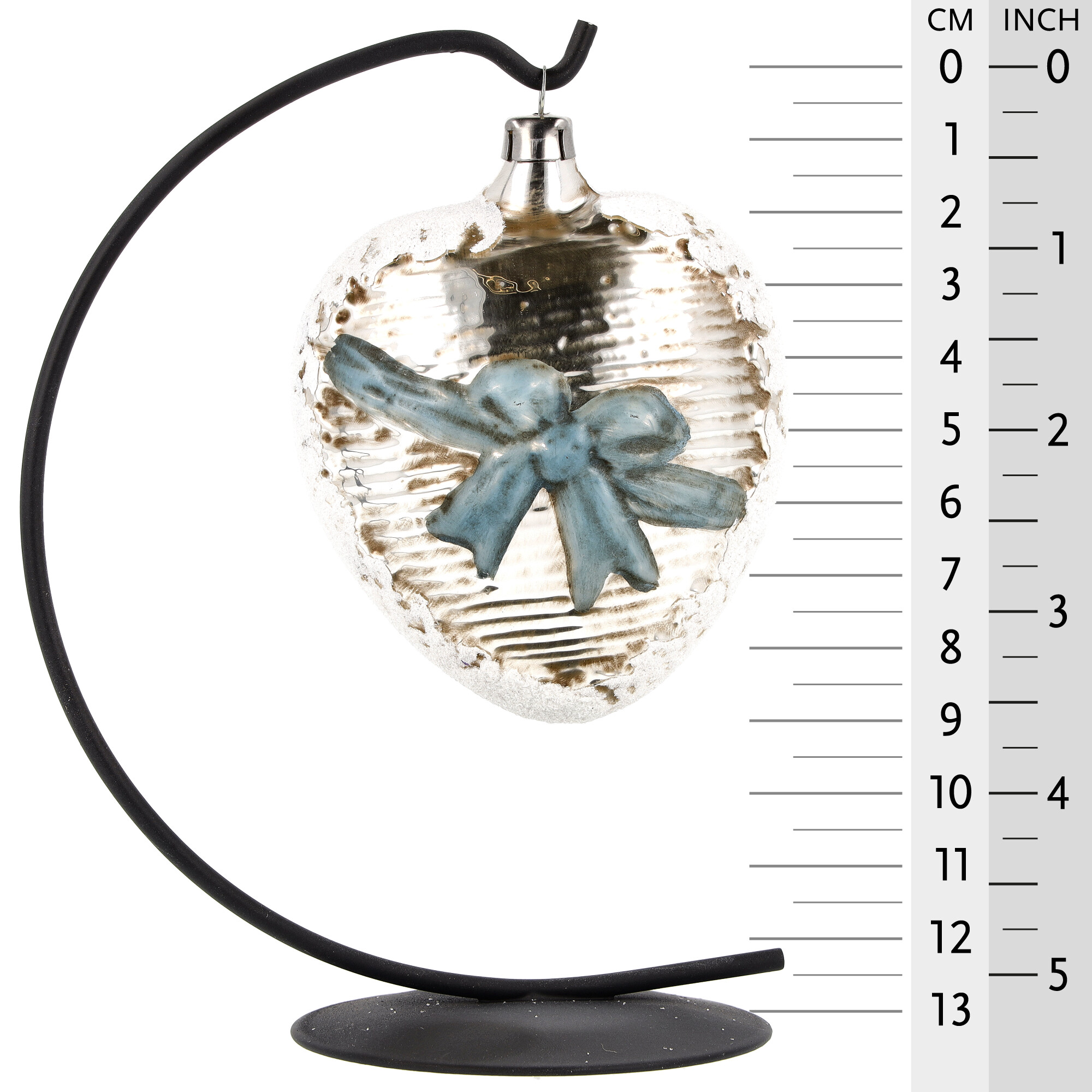 Retro Vintage style Christmas Glass Ornament - Large Heart with blue ribbon