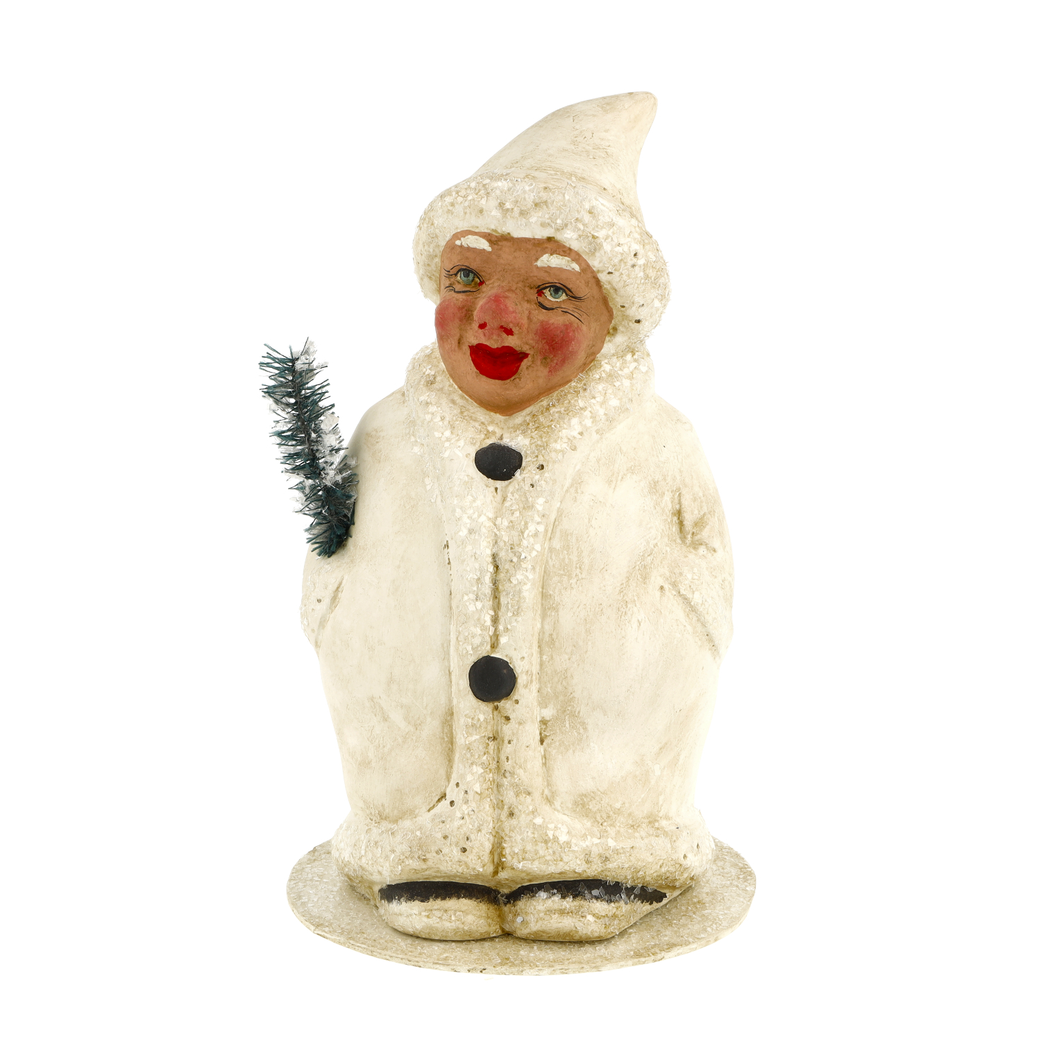 Winter-Clown mit Mantel und 2 Knöpfen, auf rundem Pappsockel, befüllbar, H = 22cm, weiß