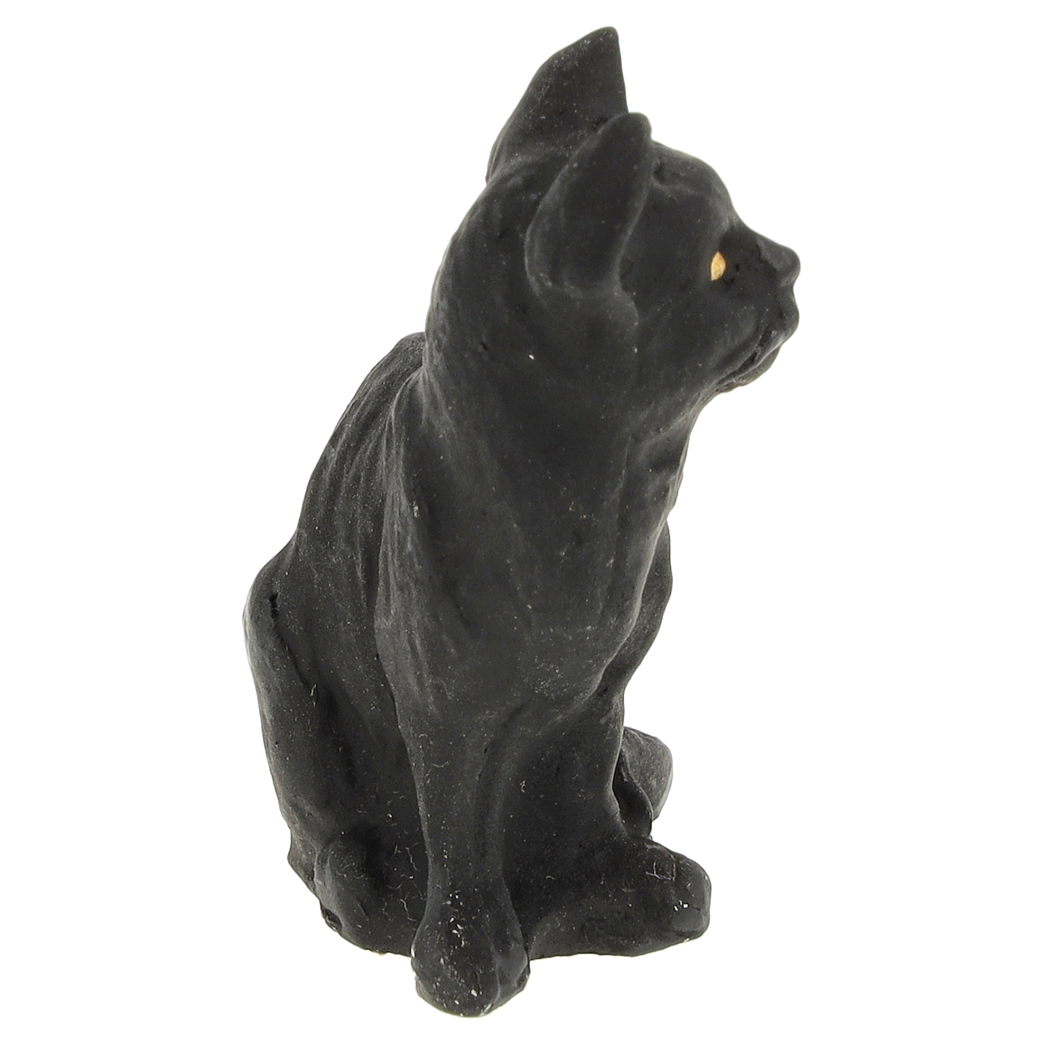 Sitzende schwarze Katzenfigur, seitliche Ansicht – detailreiche Deko-Katzenstatue auf weißem Hintergrund, Produktfoto