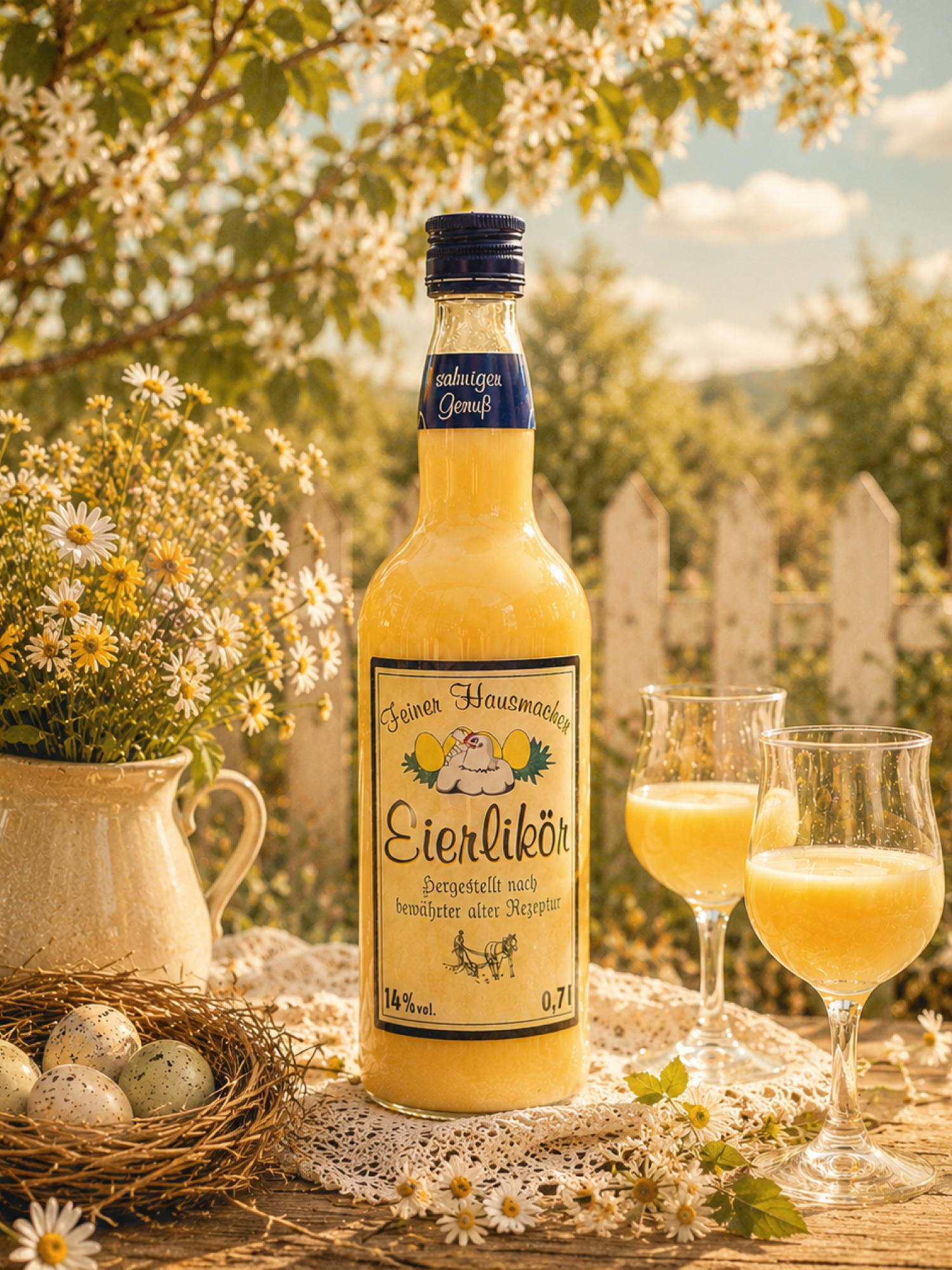 Flasche Eierlikör 0,7 l, 14 % vol, im ländlichen Garten auf Holztisch mit Spitze, daneben zwei gefüllte Gläser und Frühlingsblumen – cremiger Likör nach alter Rezeptur.