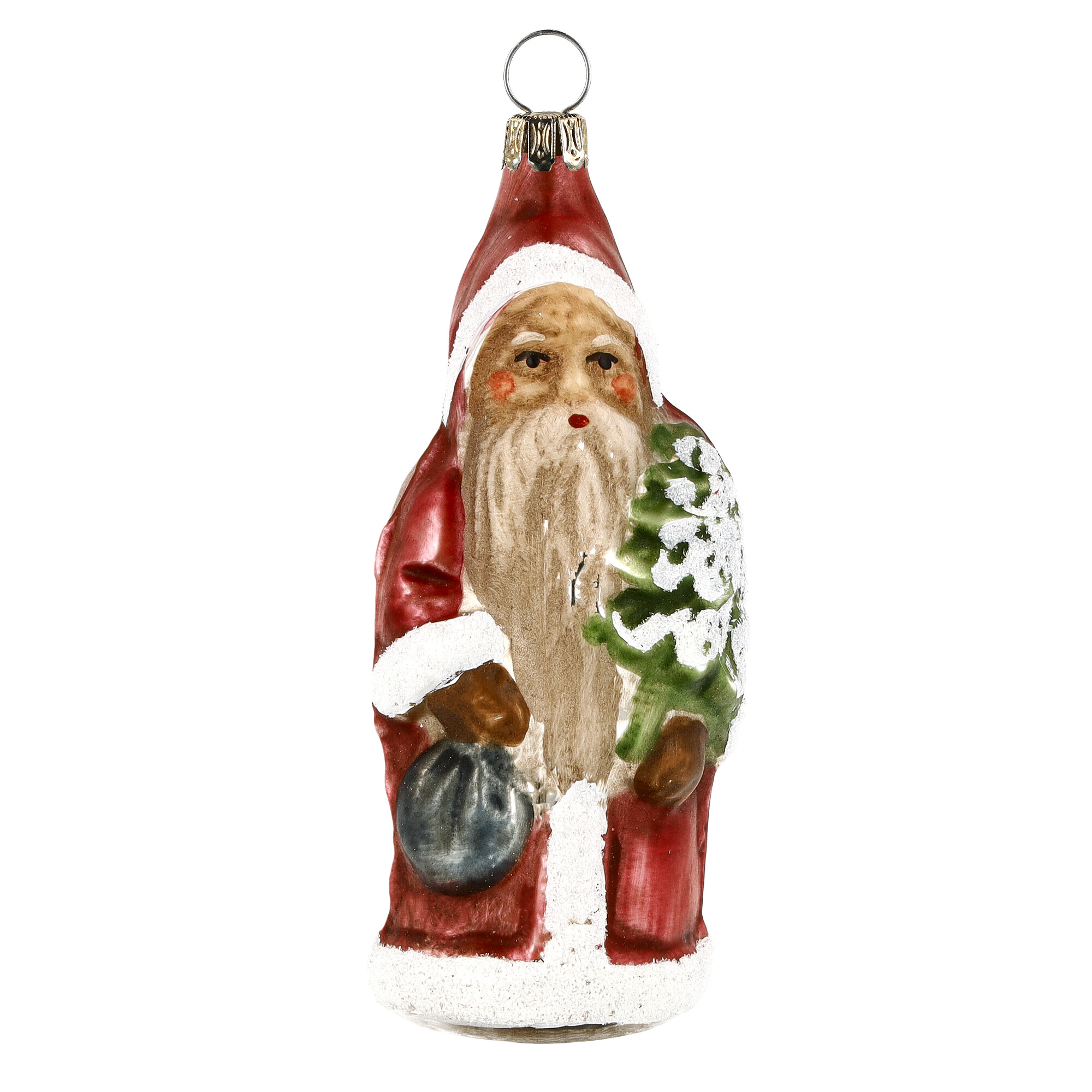 Retro Vintage style Christmas Glass Ornament - Little Santa Claus with backpack and tree