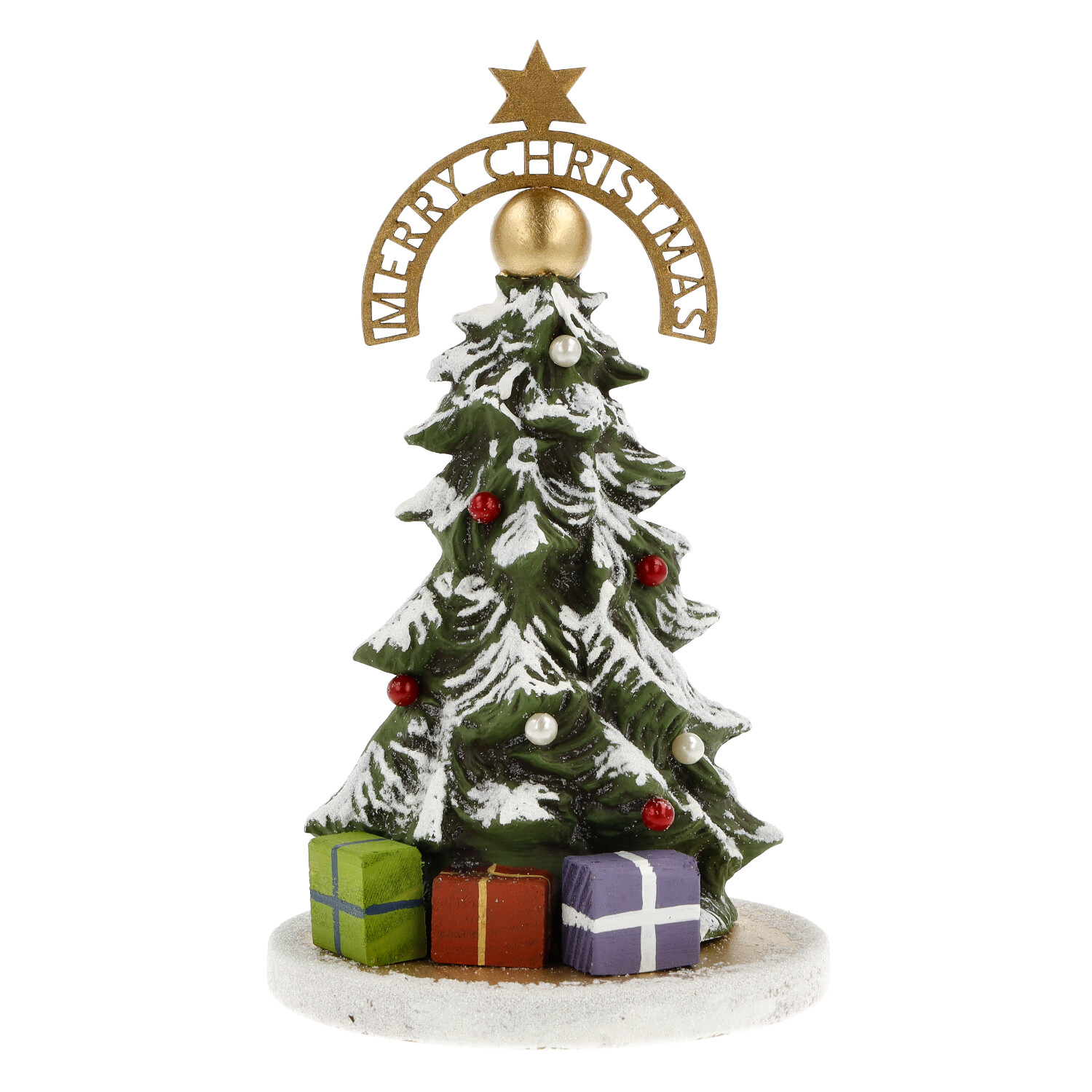 Decorated miniature Christmas tree with golden base plate and white glass mica