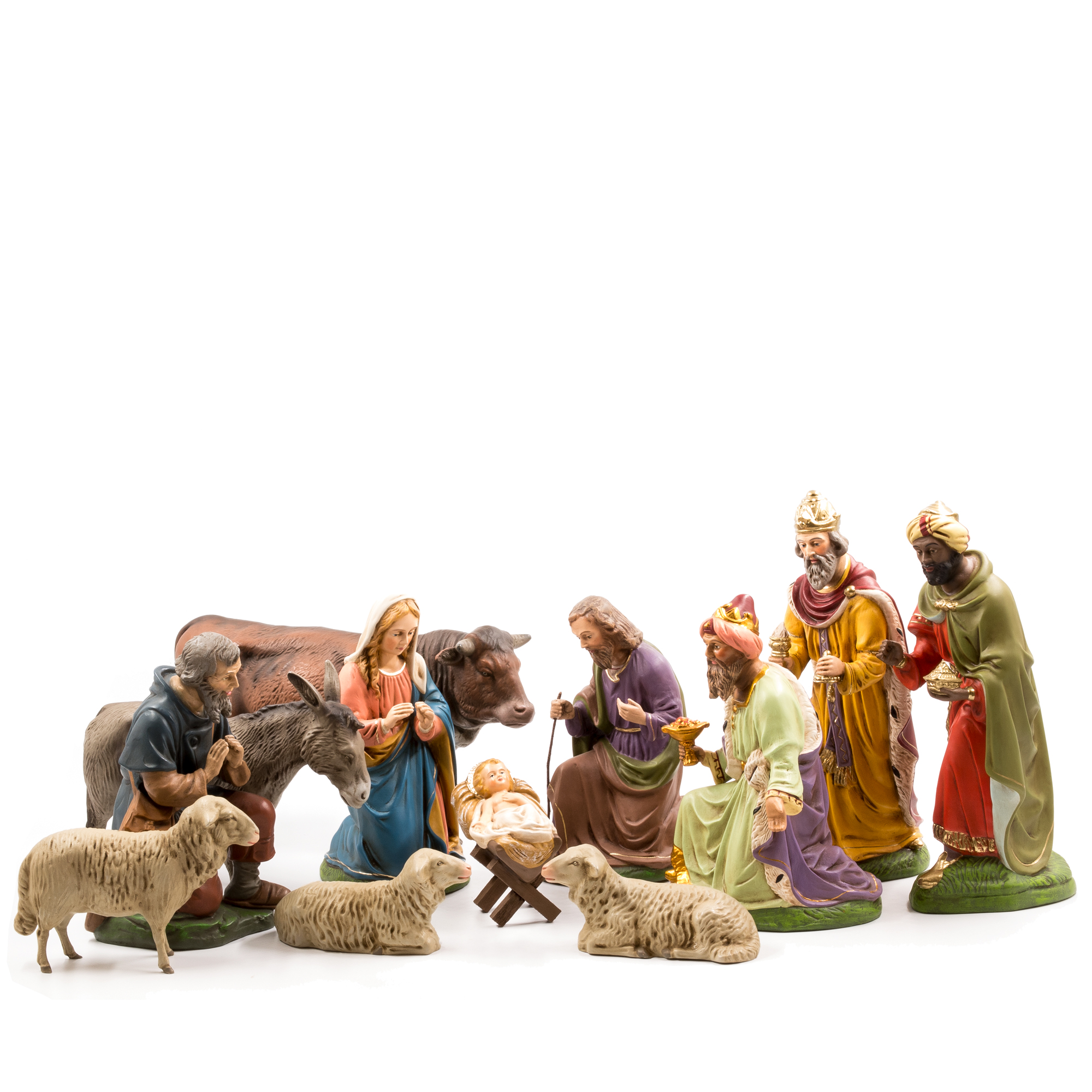 Nativity set with 12 figures, to 8.5 in. figures size