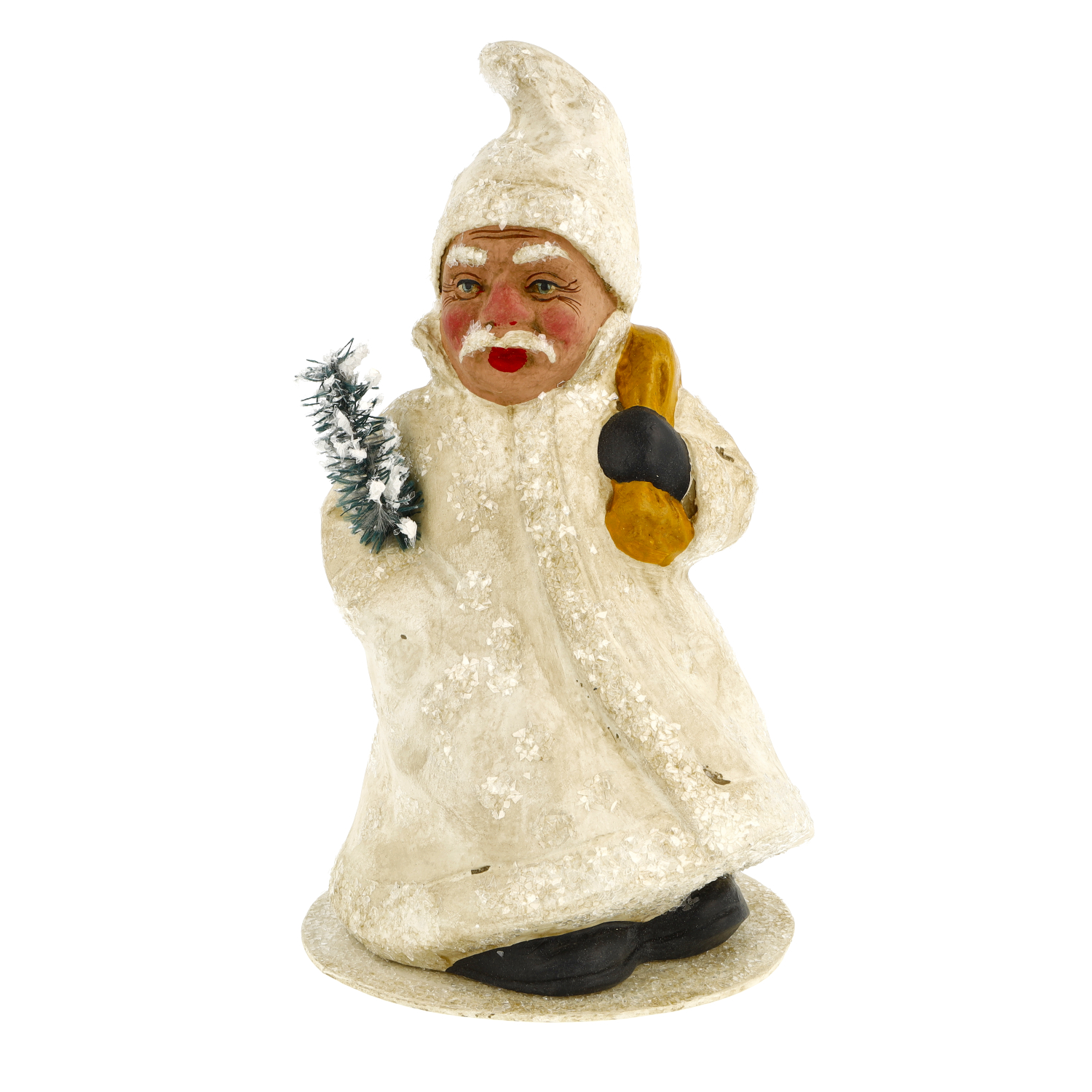 Weihnachtsmann mit wehendem Mantel, Zipfelmütze und Sack, auf rundem Pappsockel, befüllbar, H = 23cm, weiß