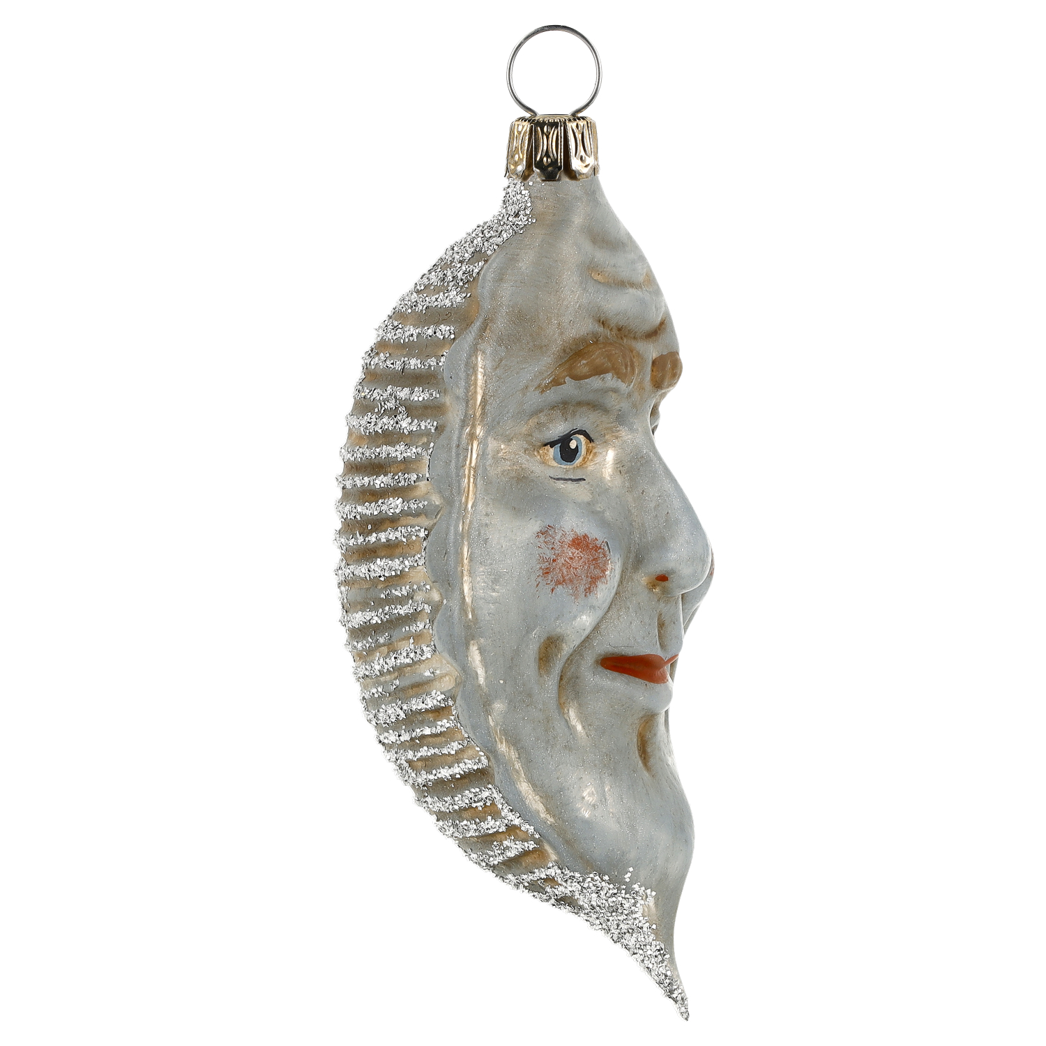 Silberner Glasanhänger in Form eines lächelnden Halbmonds mit Gesicht und Glitzer, nostalgischer Christbaumschmuck