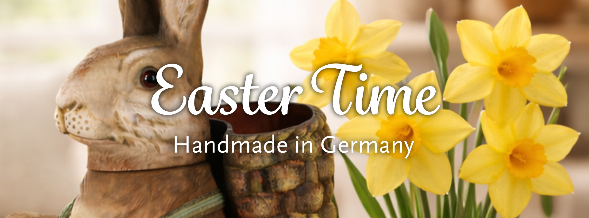 Decor Easter bunny with basket by yellow daffodils