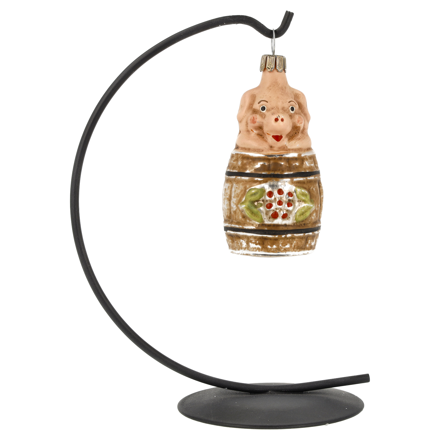 Marolin Glasfigur Schwein im Fass, patiniert, Baumschmuck