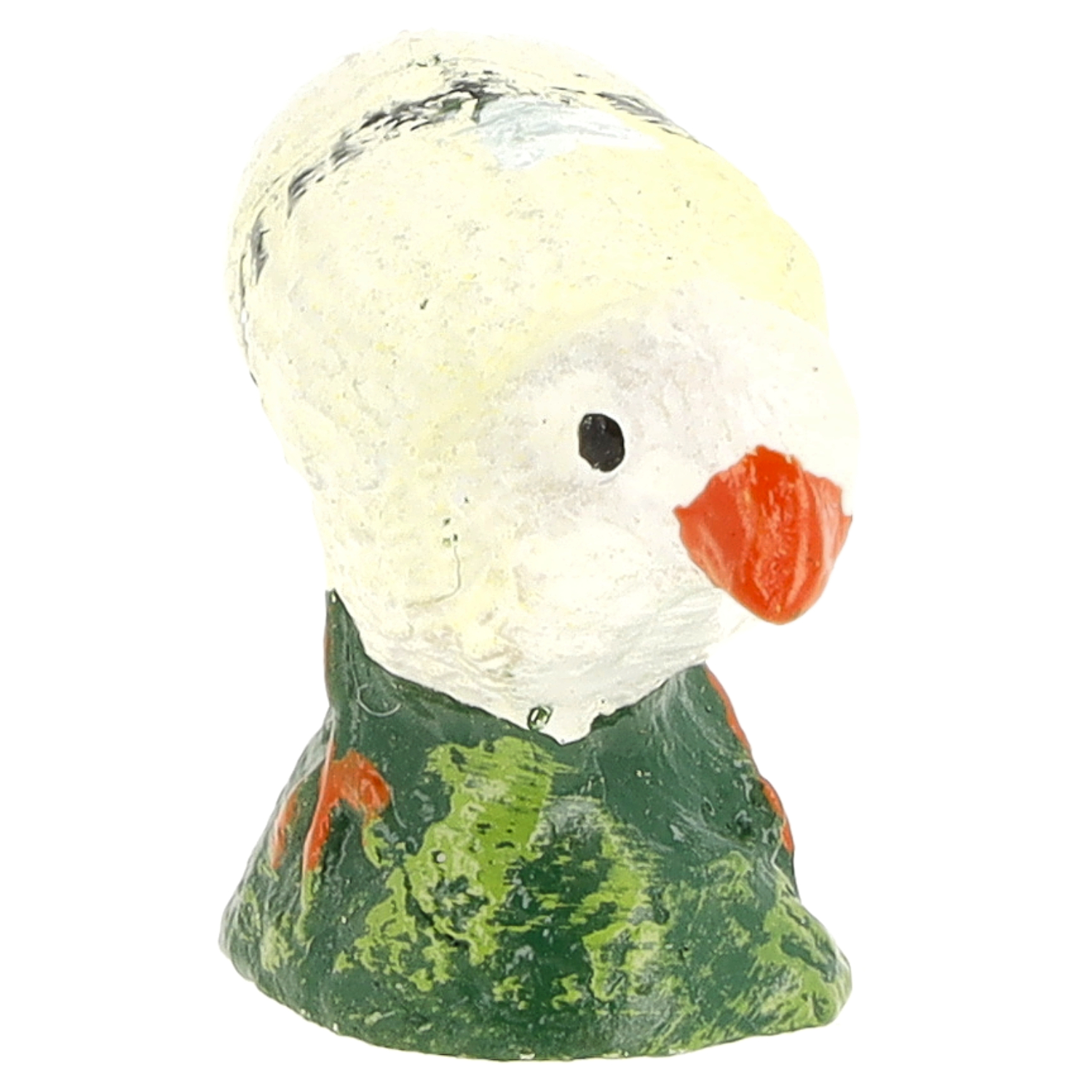 Kleine handbemalte Papagei-Figur aus Keramik mit weißem Kopf, orangefarbenem Schnabel und grünem Sockel, Produktabbildung