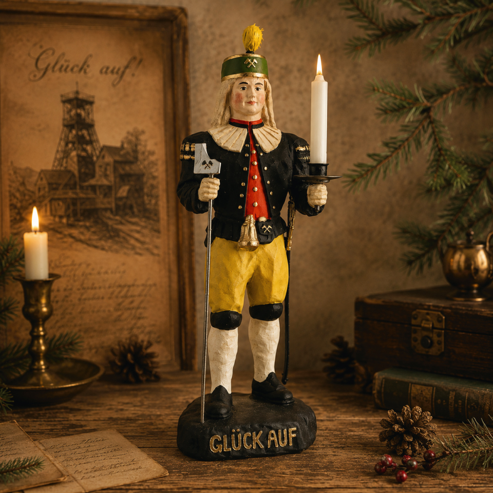Handbemalte Bergmannsfigur mit Kerzenhalter und Schriftzug „Glück auf“ – stimmungsvolle Erzgebirge Weihnachtsdekoration