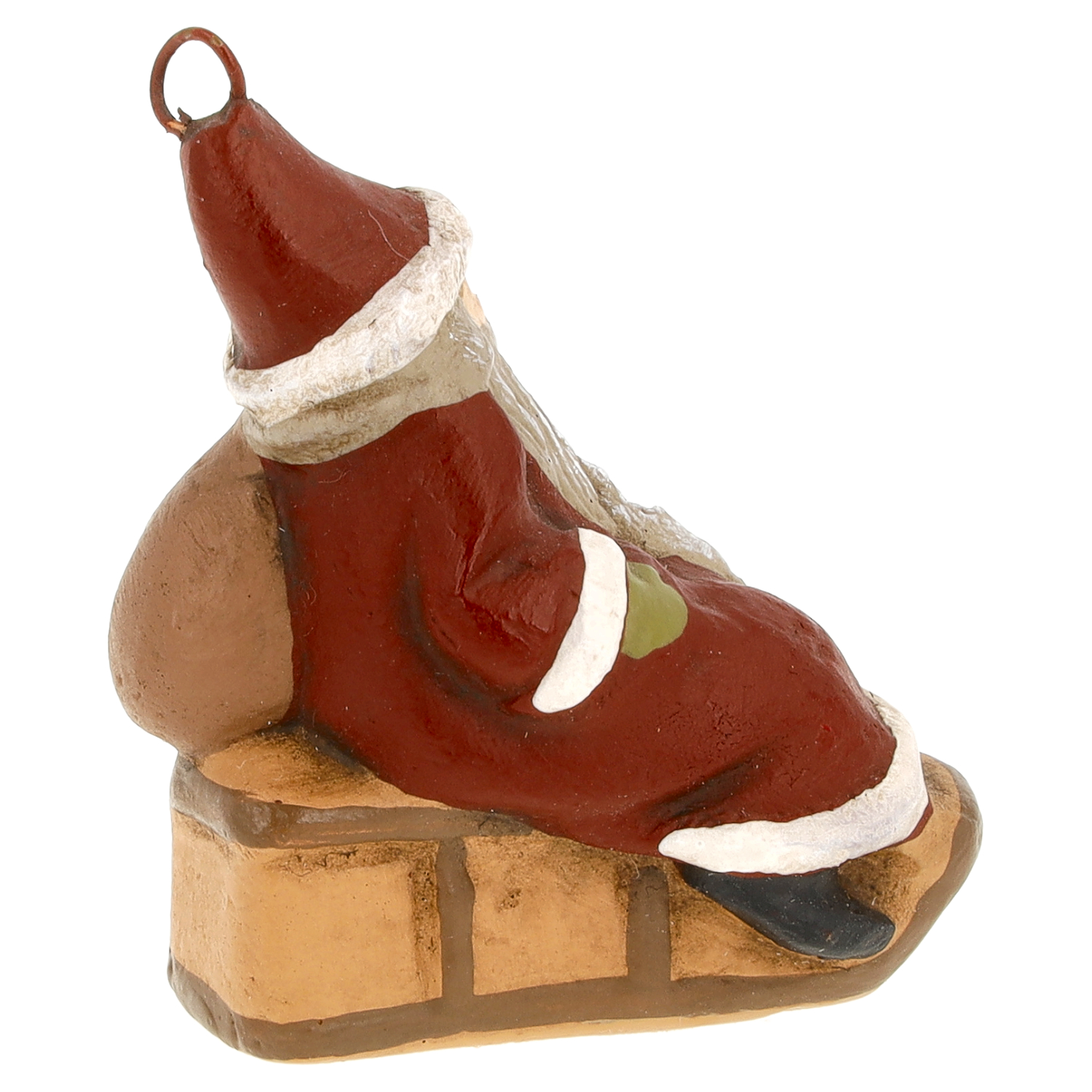 Nikolaus-Ornament aus Kunstharz mit Geschenksack, sitzend auf Schornstein, mit Aufhängeöse – Weihnachtsbaumschmuck